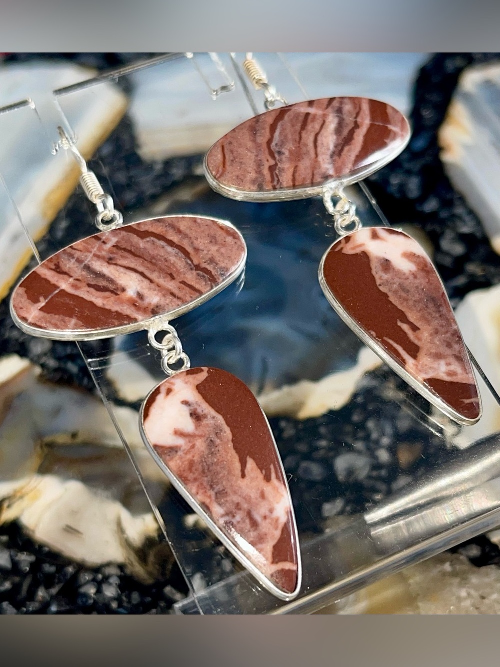 Natural Brown Banded Coco Nova Jasper Crystal Earrings 2 7/8”